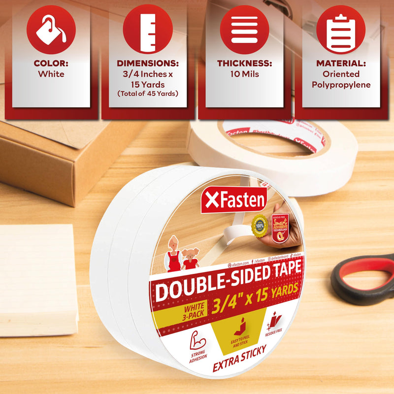 XFasten Extra Strength Double-Sided Tape, White, 3/4-Inch x 15-Yard (Pack of 3) - Extra Sticky for Heavy Duty Bonding (15 Yards per Roll) 3/4-Inches x 15-Yards (3-Pack)