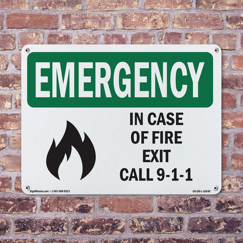 In Case Of Fire Exit Call 9 OSHA Emergency Rigid Plastic Sign 14 Inch x 10 Inch - 5 Pack 5 Pack of 14" x 10"