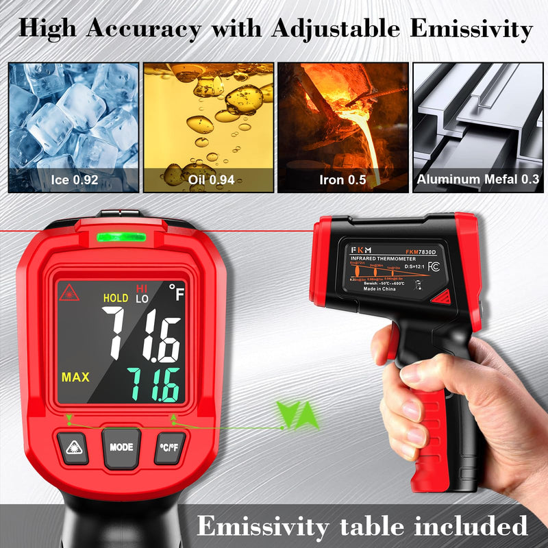 [Australia - AusPower] - FKM Infrared Thermometer Gun,Non Contact Laser Thermometer Gun for Industrial,HVAC,Engine,Kitchen Cooking,Digital IR Temperature Gun -58°F~1112°F(-50°C~600°C) Adjustable Emissivity,Not for Human Red(Upgrade screen display / -58°F~1112°F / 12:1) 