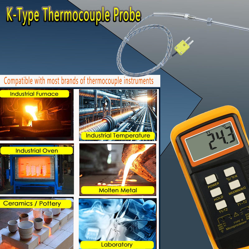 [Australia - AusPower] - 2 Packs tce-k05h5-100 K-Type thermocouple Probe M8 Screw Temperature Range 77°F to 1472°F 