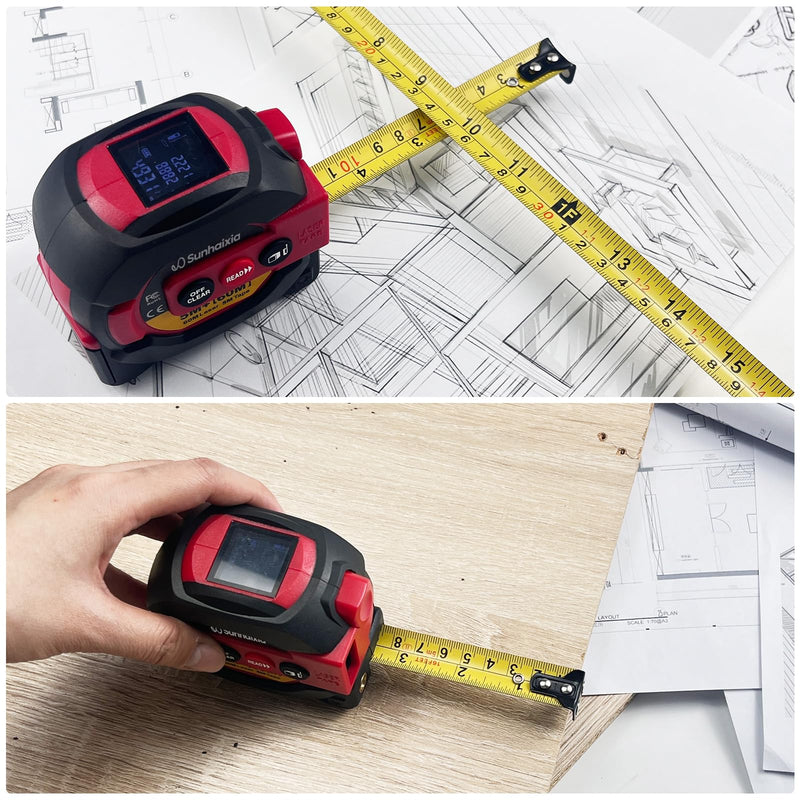 Laser Tape Measure 3 in 1 with Laser Level Crosshairs |196ft/60m Laser Distance+16ft/5m AutoLock Tape |Backlit LCD Display (Ft/Inch/M/mm) |for DIY,Construction, Interior Design (Red) Red