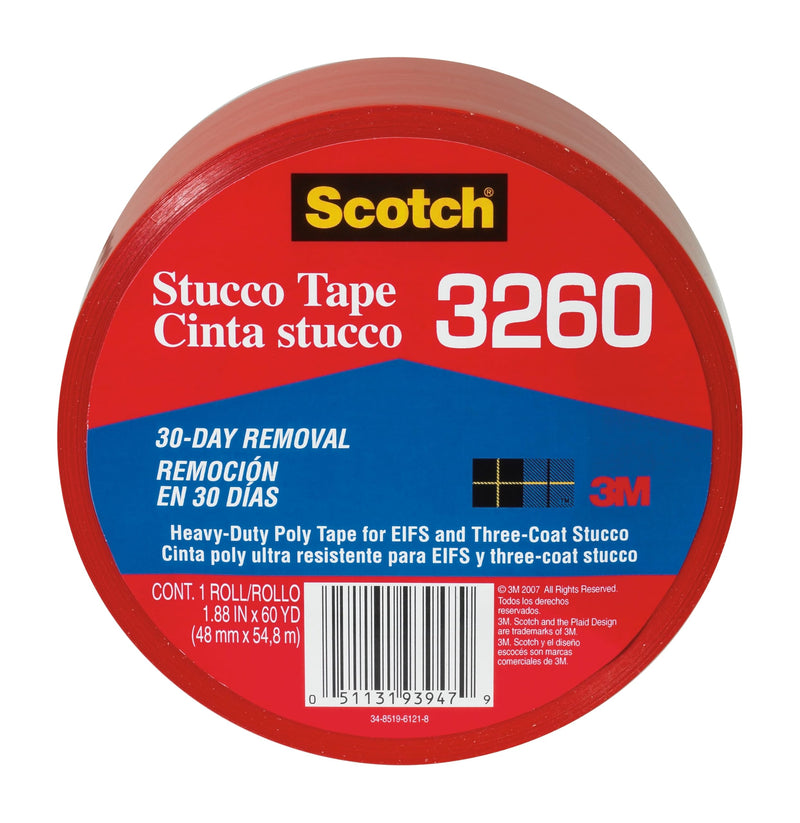 Scotch Stucco Tape, 1.88 in x 60yd, 30 Day Clean Removal, Heavy-Duty Outdoor Stucco Tape, UV & Moisture Resistant, Water Resistant Poly Backing, 1 Roll, Red (3260-A)