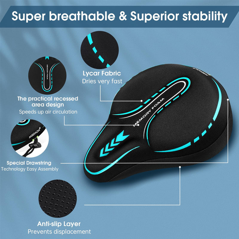 MSDADA New Large Gel Bike Seat Cover, Extra Soft Bike Seat Cushion for Men Women Comfort Wide, Fits Indoor/Outdoor/Exercise Bikes (11.22 inch x 10.03 inch) Cyan