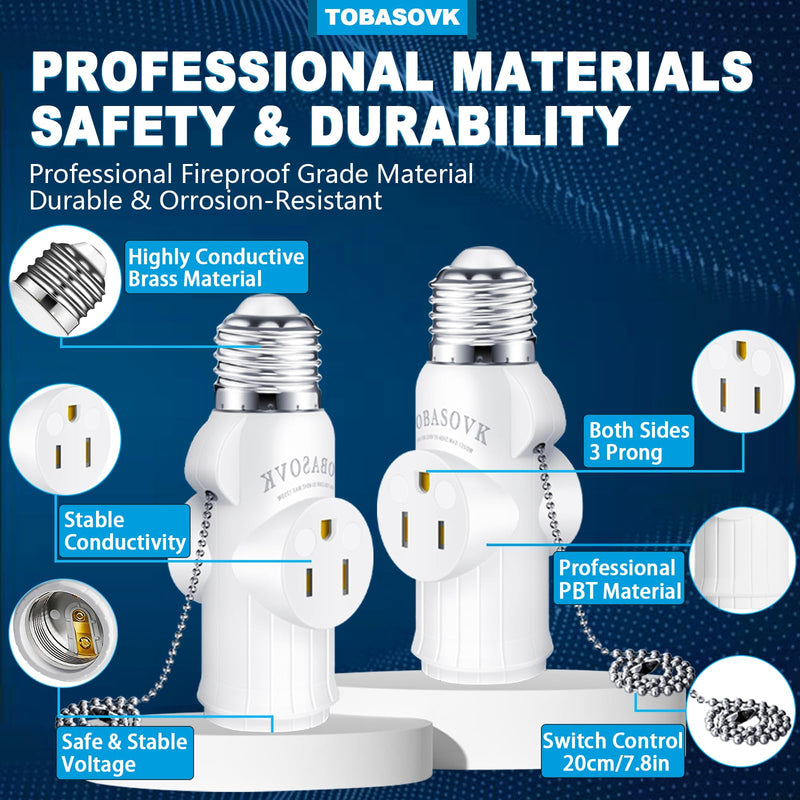 [Australia - AusPower] - 3 Prong Light Socket to Plug Adapter, Simultaneous Support for Two 3-Prong Light Socket Adapter, Multifunctional Light Bulb Outlet Socket Adapter, for Garage, Porch, CCTV Camera, Patio, White 1 White Style 