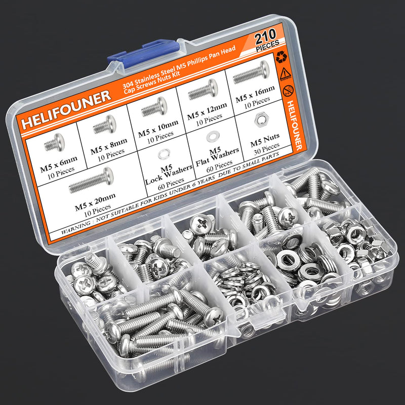 [Australia - AusPower] - 210 Pieces M5 x 6mm /8mm /10mm /12mm /16mm /20mm, Phillips Pan Head Machine Screws, Metric Screws Bolts Washers Nuts Kit, 304 Stainless Steel 