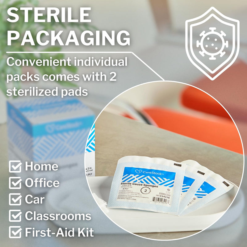 [Australia - AusPower] - Gauze Sponge 2x2 [100 Count] Sterile Gauze Pads, 8-Ply, Medical Grade Cotton Wound Dressing for First Aid Kit – 2 Per Pouch, 50 Packs 50 Count (Pack of 1) 
