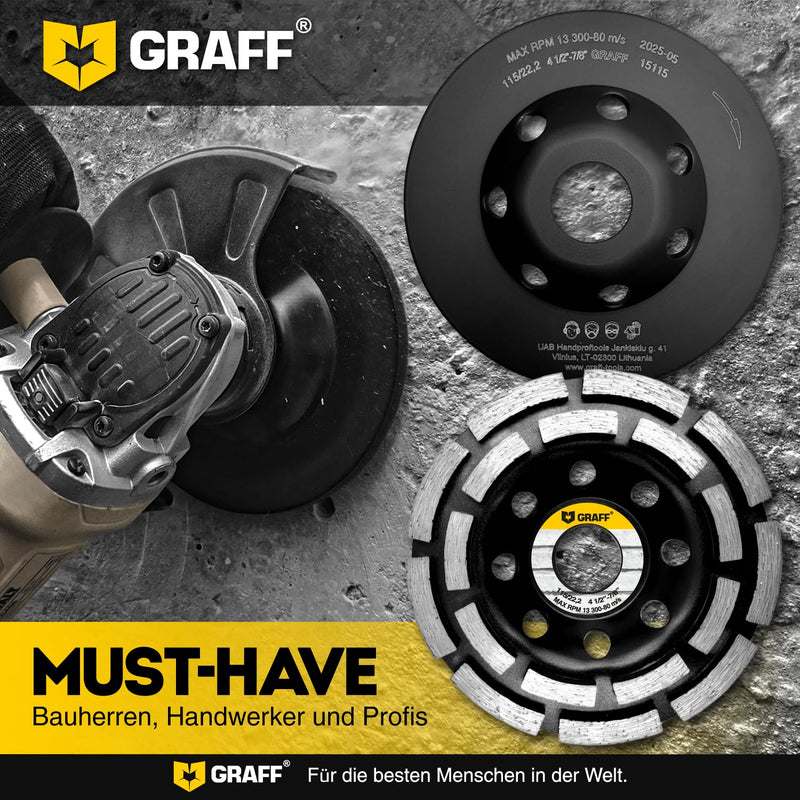 [Australia - AusPower] - GRAFF Diamond Grinding Disc 115 mm for Angle Grinders - Diamond Cup Wheel for Stone, Concrete, Tile Adhesive, Granite, Masonry - Professional Sanding Disc Diameter 115 mm – segment grinding wheel 
