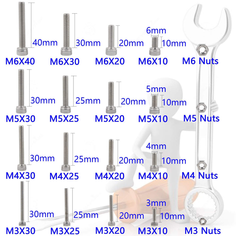 newlng Nuts and Bolts M3 M4 M5 M6 Nuts Kit 304 Stainless Steel Hex Socket Head Cap Metric Machine Screws Set for Bicycles 3D Printer Repair Furniture Fastening M3456-3
