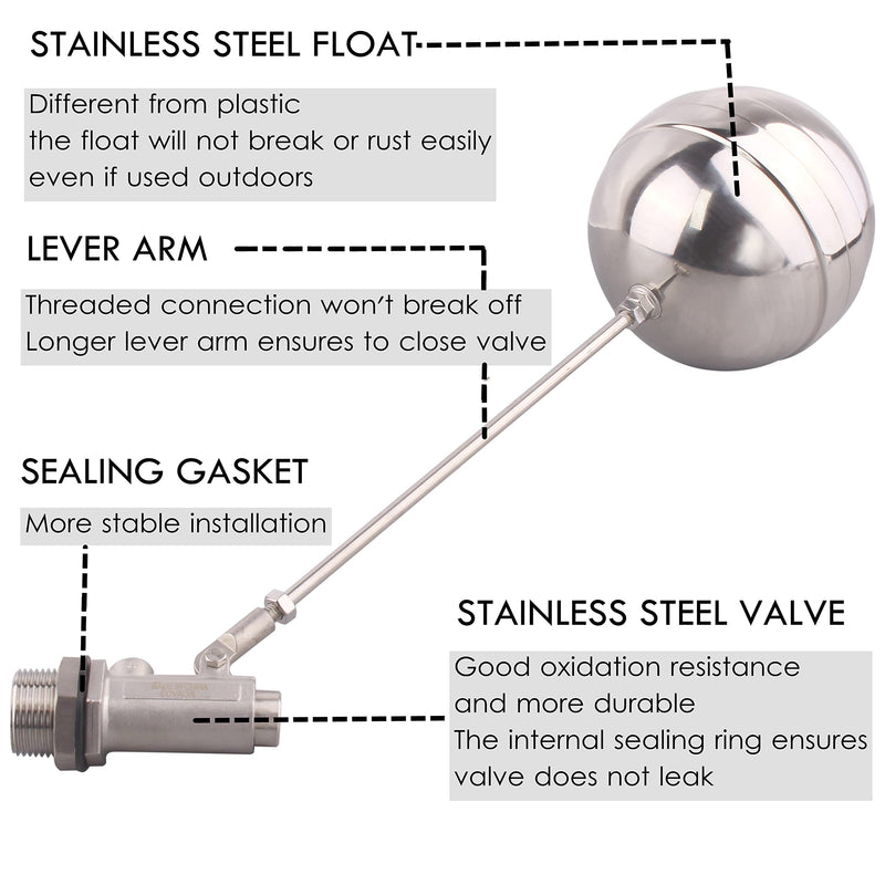 Stainless Steel Float Ball Valves - 3/4” NPT Male Thread Flow Control Float Sensor Valve Automatic Water Level Control Float For Tank Pond Water Tower 3/4" NPT
