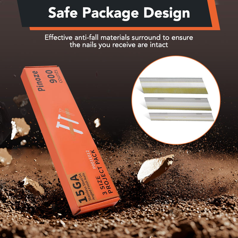 PINOZE 15 Gauge DA Stainless Steel Angled Finish Nails, 34-Degree, 900-Pack (2-1/2", 2", 1-1/4" 300 Per Sizes), Assorted Size Project Pack, for Pneumatic, Electric Angled Finish Nailer Gun