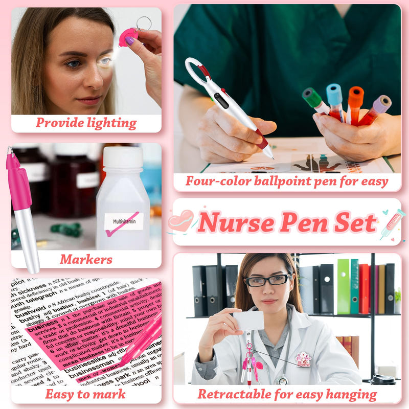 [Australia - AusPower] - 10 Pack Nurse Tools Set, Pink Nurse Accessories for Work with 1 Trauma Bandage Shear, 2 LED Pen Lights, 3 Pens(Marker, Ballpoint, Highlighter), 1 Flashlight, 1 Badge, 1 Keychain and Packaging Bag 