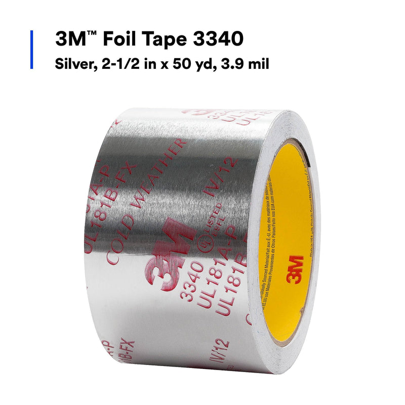 3M Aluminum Foil Tape 3340, 2.5" x 50 yd, 4.0 mil, Silver, HVAC, Sealing and Patching Hot and Cold Air Ducts, Fiberglass Duct Board, Insulation, Metal Repair 2.5 inches x 50 yards x 0.004 inches