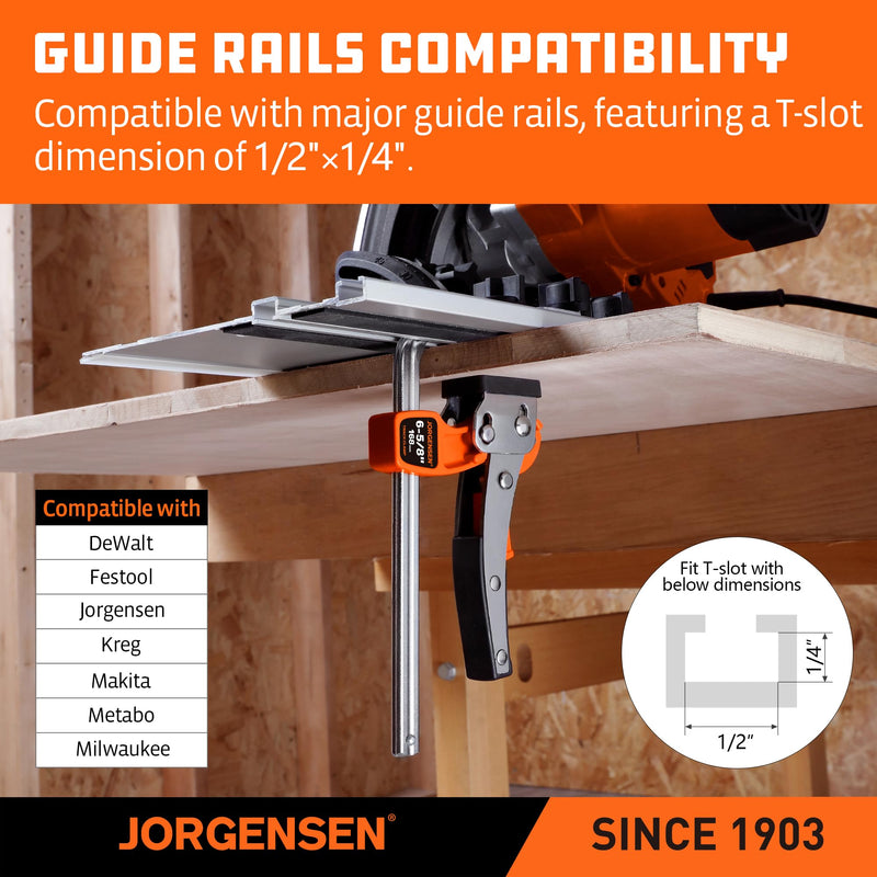 Jorgensen 6-5/8" Ratcheting Table Clamp, Quick Release Track Saw Clamp, Guide Rail Clamps for MFT Table and Guide Rail System, 2-7/8" Throat Depth, 400lbs Load Limit 1