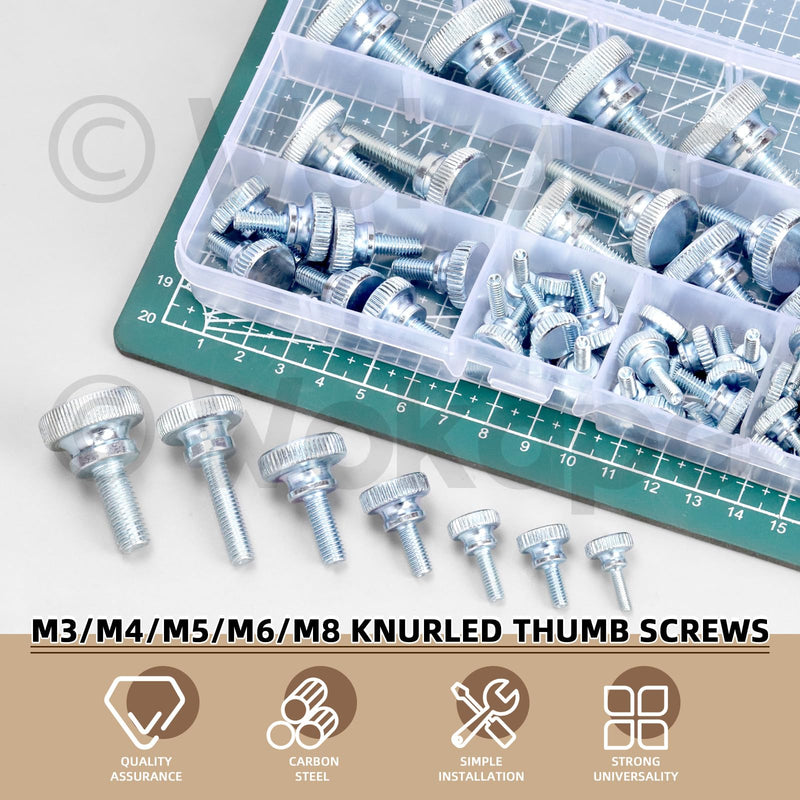 [Australia - AusPower] - 65Pcs Knurled Thumb Screw Assortment Kit, M3 M4 M5 M6 M8 Zinc Plated Carbon Steel Knurled Thumbscrew Flat Knurled Head Fully Threaded Bolts Fastener 