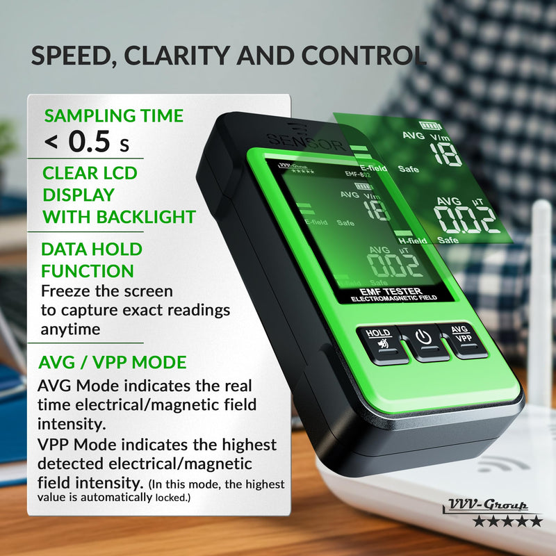 [Australia - AusPower] - EMF Detector EMF-802 by VVV-Group | Electromagnetic Radiation Meter with Electric & Magnetic Field Detection, Peak/Average Modes, LCD Alarm | EMF Reader for Home, Office, RF Safety 