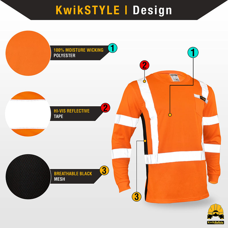 KwikSafety - Charlotte, NC - Operator Long Sleeve Safety Shirts [Solid Reflective Tape] Class 3 ANSI Tested OSHA X-Large Basic Tape | Orange