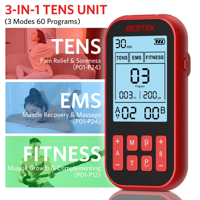 BESTEK TENS Unit Muscle Stimulator, 3-in-1 60 Program with 20 Replacement Pads, Rechargeable EMS Massage Machine for Back, Sciatica,Shoulder,Knee Pain Relief