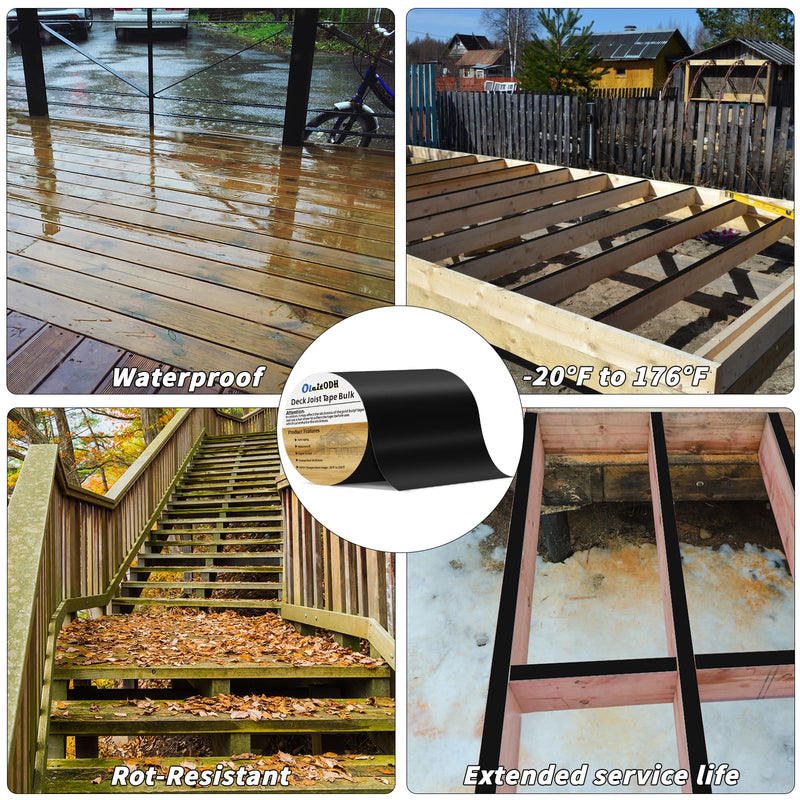 Oleitodh 2 Rolls Butyl Joist Tape for decking, 6 Inch x 50 Feet Weatherproof Butyl Sealant Deck Tape Joist-Beam Deck Joist Tape Bulk for Wood Joists Decks Beams Roof 6" X 50'-2 Rolls Black-PVC