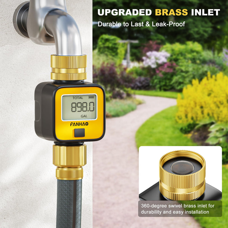 FANHAO Water Flow Meter with Brass Inlet Metal Thread, Measure Gallon/Liter Consumption and Flow Rate, High Accuracy & IPX6 Waterproof for Outdoor Garden Hose Watering, RV Water Tank Filling 1 Pack