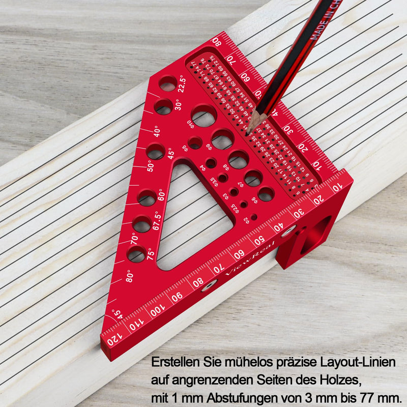 [Australia - AusPower] - 3D Mitre Square Multifunctional 22.5-90 Angle Measure Aluminium Alloy High Precision Layout Measuring Tool Scribing Tool Woodworking Measuring Tools for Carpenters, Engineers Red 