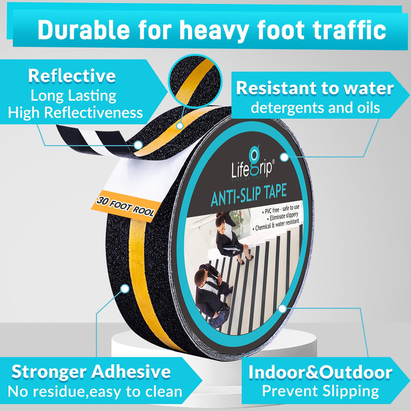 LifeGrip Anti Slip Traction Tape with Reflective Stripe, Best Grip, Friction, Abrasive Adhesive for Stairs, Tread Step, Indoor, Outdoor, Black (2" X 30') 2" X 30' Black with Reflective Strips