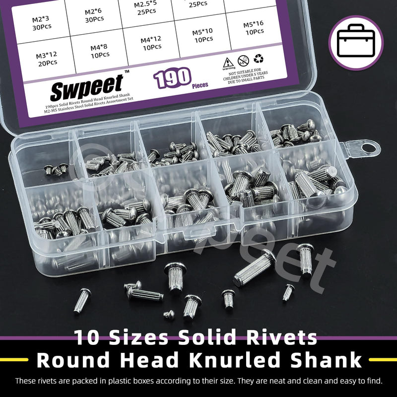 [Australia - AusPower] - Swpeet 190Pcs M2 M2.5 M3 M4 M5 Solid 304 Stainless Steel Brazier Head Rivets Assortment Kit, Half Round Head Solid Knurled Rivets, Aluminum Rivet Solid Rivets for Repairing Boat, Aircraft Stainless Steel 304 
