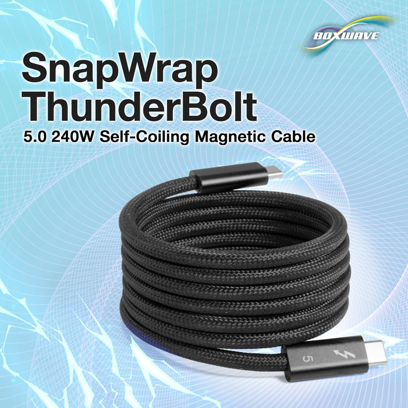 BoxWave Cable Compatible with Bumpboxx Retro Pager - SnapWrap Thunderbolt 5.0 Cable (5ft 240W), Magnetic Self-Coiling Nylon Braided Retractable - Jet Black