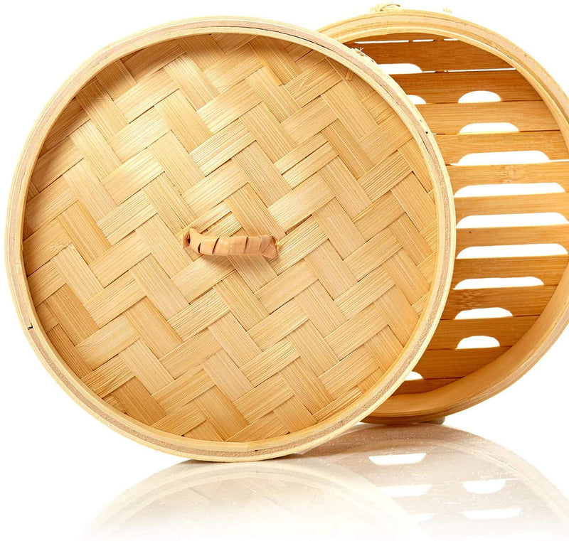 Handmade Steam Basket Bamboo Steamer 10 Inch, 2 Tiers Chinese Food Bamboo Steamers for Cooking, Steam Baskets Dumplings Vegetables Chicken Fish Rice, Reusable 2 Gauze Liners and Chopsticks