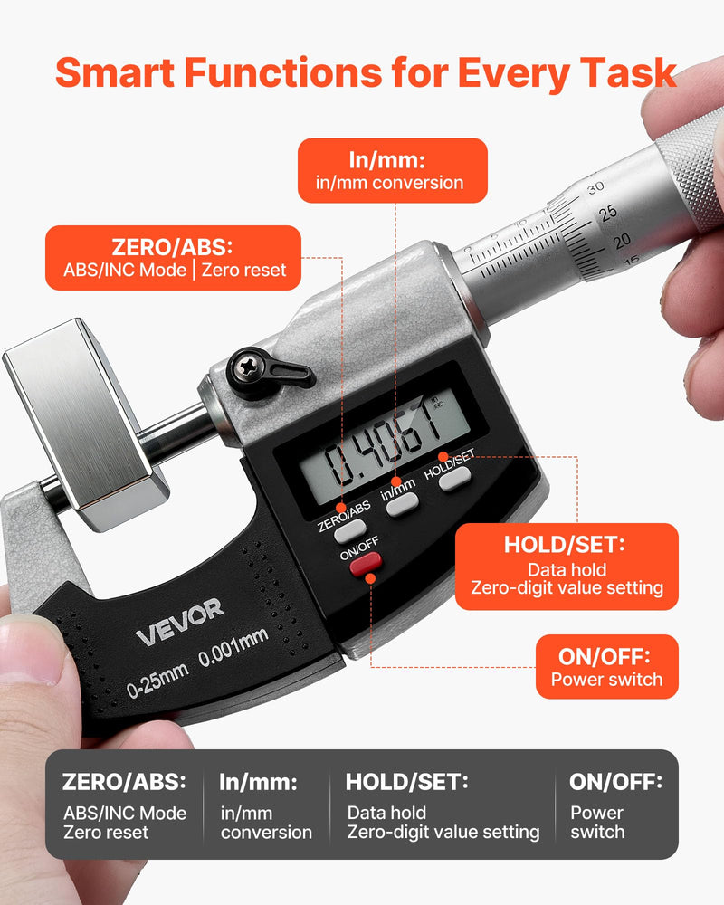 VEVOR Micrometer, Digital Micrometer, Measuring Range 0-25.4mm, Resolution 0.001mm, Highest Precision 0.003mm Accuracy, LCD Display, Inch/mm Switching, Carbide Tip, with Case