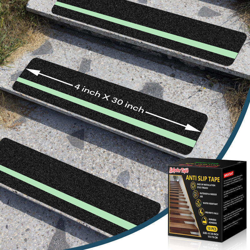 10 Pack 4” x 30” Anti Slip Traction Treads with Glow in The Dark Stripe, Outdoor Waterproof Non Skid Pre-Cut Tape with Roller, High Traction Friction Abrasive Adhesive for Stairs Step 4" x 30" & 10-Pack Black with Glow in the Dark Strips