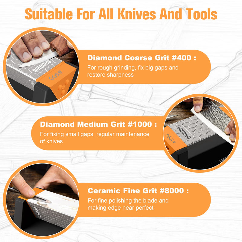 [Australia - AusPower] - Goodjob Diamond Sharpening Stone 3 Side Grit 400/1000/8000 Premium Industrial Diamond & Ceramic Whetstone Knife Sharpener Suitable for Steel of any Hardness with Angle Guide and Non-Slip Base 