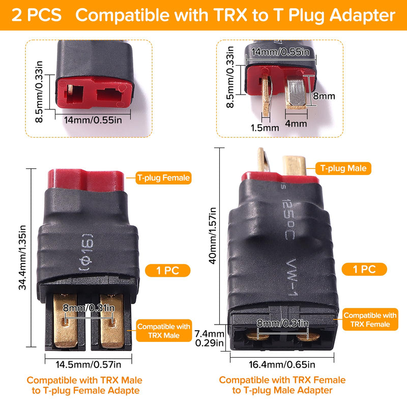 2 pieces connector T-plug to compatible with TRX, compatible with Traxxas male / female to male / female T adapter, for RC LiPo battery Compatible With Traxxas to T-plug
