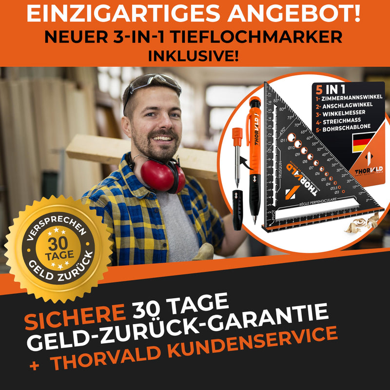 [Australia - AusPower] - THORVALD Zimmermannswinkel 5-in-1 - Protractor Try Square + Deep Hole Marker - Aluminium Angle with 180 mm Side Length for Precise Marking & Drawing / Multifunctional Perfect to Save Time 180mm + Pencil 
