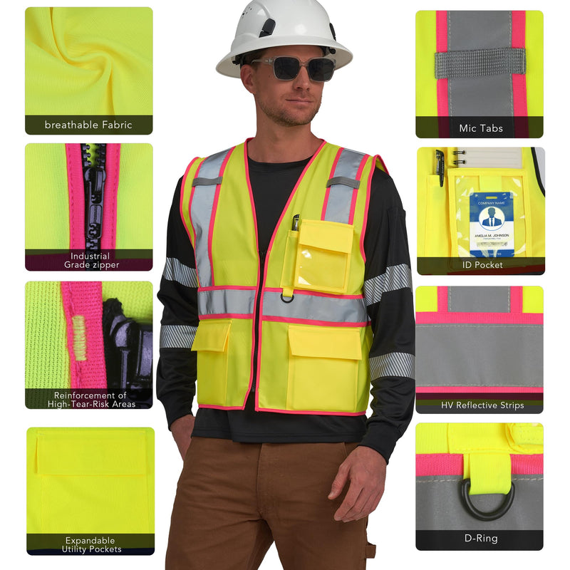 AYKRM High Visibility Safety Vest - Reflective Work Vest with 5 Reinforced Pockets Large Pink