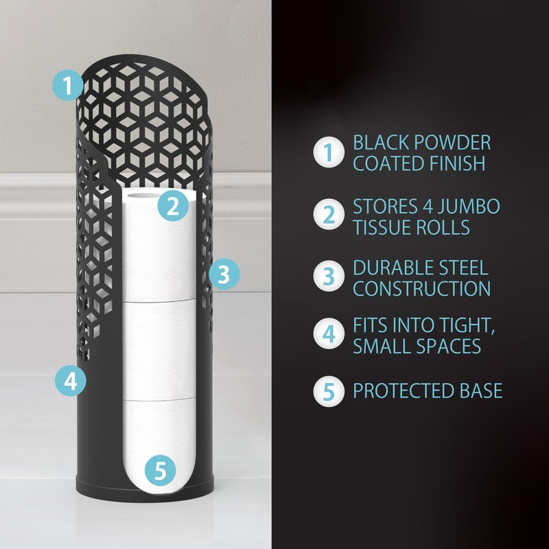 Better Living Rollo Hexacube Toilet Paper Reserve, 4 Rolls, Matte Black | Bathroom Toilet Paper Storage Holder, Freestanding Durable Steel, No Assembly