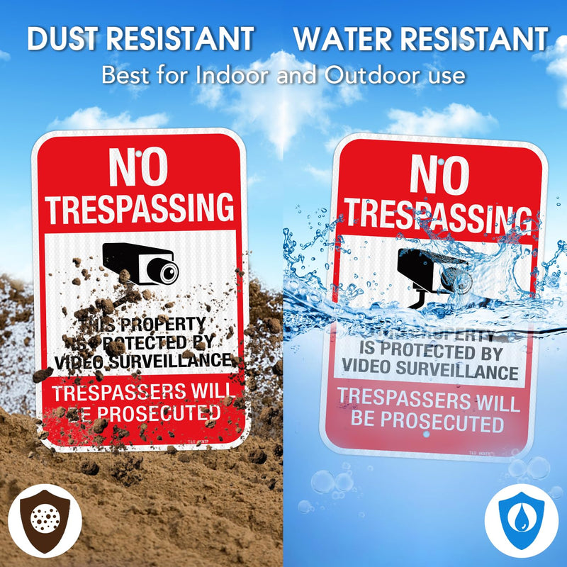 T&R (4 Pack) No Trespassing Private Property Sign Video Surveillance Sign, 18" x 12" Engineer Grade Reflective Sheeting, Rust Free Aluminum, Weather Resistant, Waterproof, Fade Resistant, 2 Pre-drilled Holes Red - 4 Pack