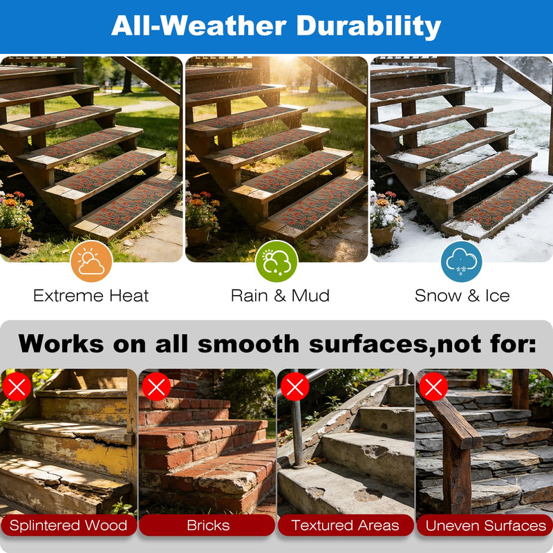 Outdoor Stair Treads Non-Slip, 8” x 30” - 10-Pack Weather Resistant Grip Tape for Wooden Steps, Waterproof & Anti Skid Strips, 80-Grit Adhesive Step Treads, Orange Floral Beige/Orange 8" x 30"