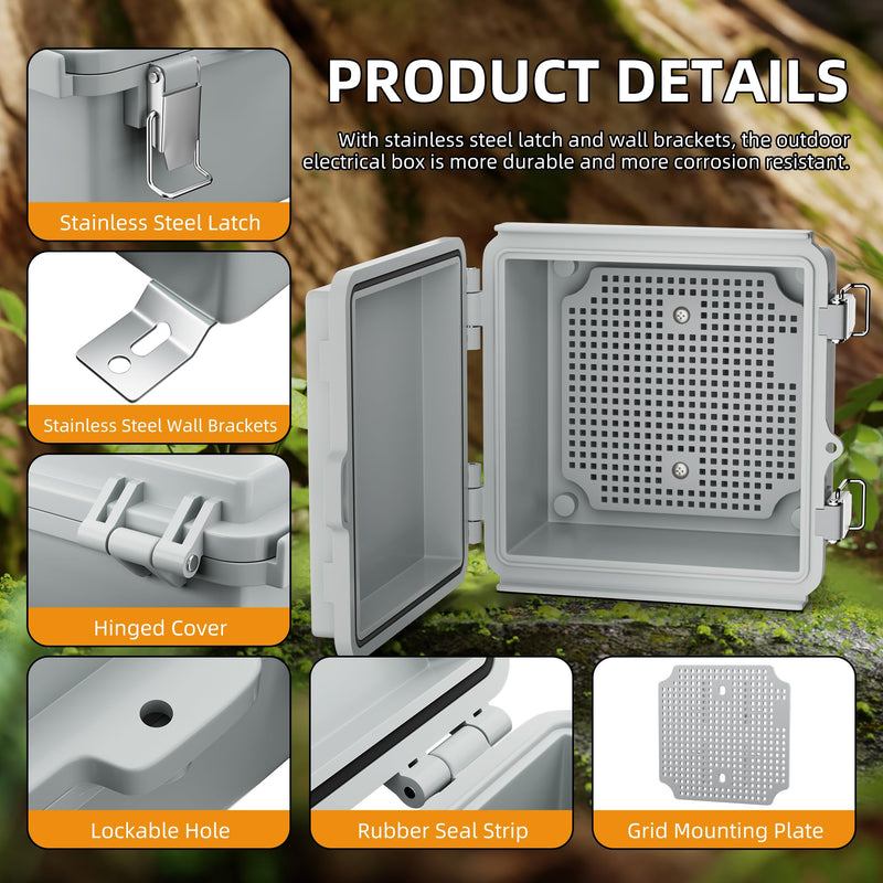 [Australia - AusPower] - Joinfworld Outdoor Electrical Box Waterproof IP67 6X6 Plastic Project Box Enclosure Weatherproof for Wifi Electronics Solar Network Marine Outside with Stainless Steel Hinged 5.9"x5.9"x3.5" 