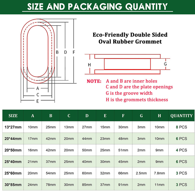 EASYEAH 30 Pcs Oval Rubber Grommets Kit for Wiring 30x85 20x50 20x44 25x40 25x60 13x27 mm Elongated Hole with 1 PC Knife, Double-Sided Closed Firewall Automotive Hole Plugs for Wire Cables Plumbing Black-30Pcs Oval