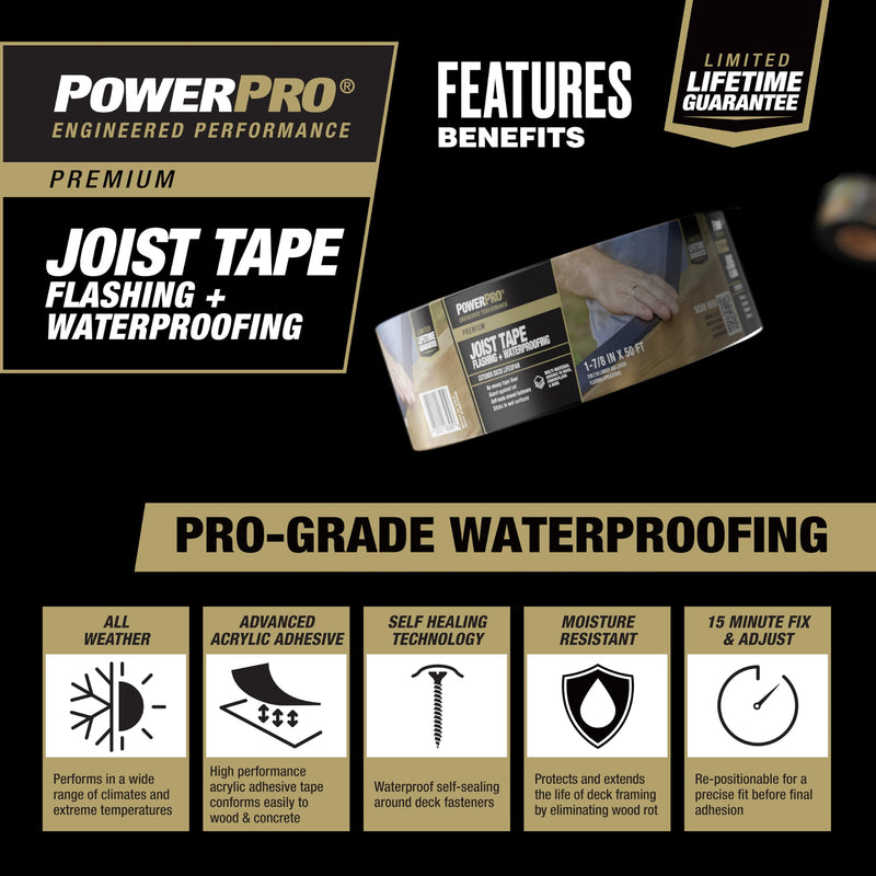 Power Pro Premium Exterior Deck Joist Flashing Tape for Decking, 2" x 50', All-Weather and Waterproof for Deck Protection, 1 Roll 2" x 50'