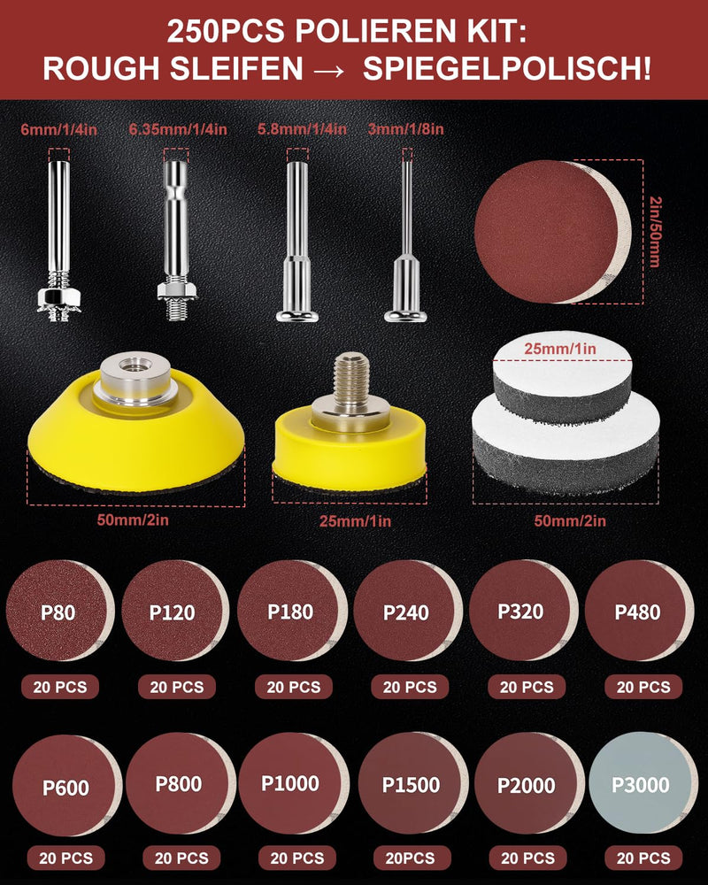 [Australia - AusPower] - Pack of 250 50 mm Sanding Discs Pads, Sandpaper Set for Drill, Dremel Sanding Attachments, Cordless Screwdriver, Grit 80 to 3000 for Polishing Metal Wood Car Rims Headlight 50mm 
