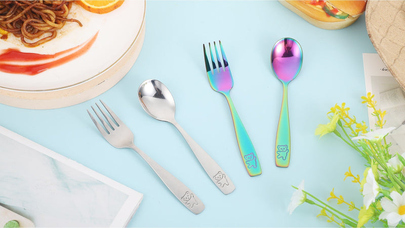 Pimoys 12 Pieces Toddler Utensils Kids Rainbow Silverware Set, Stainless Steel Childrens Safe Forks and Spoons, Metal Kids Cutlery Set, Dishwasher Safe (Pack of 2) small (Pack of 2)