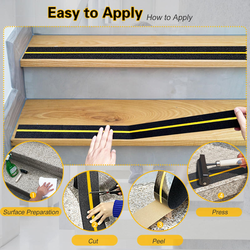 S&X Heavy Duty Anti Slip Tape 6 Inch x 60 Ft, 2X Longer Enhanced Adhesive Grip Tape with Reflective Strip, Outdoor Stair Treads Non-Slip for Steps Ramps Boats Decks Long-Lasting 6" X 60' Black/Reflective