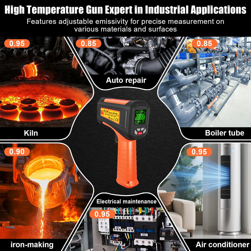 50:1-58°F ~3272°F FKM Infrared Thermometer High Temperature Gun,Non Contact Digital IR Temp Gun,High Precision Laser Thermometer Gun for Cooking,Kilns,Forges,Engine,HVAC,Industrial and Home Repair Orange