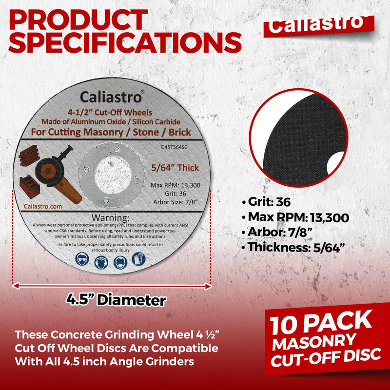 [Australia - AusPower] - 10 Pack – 4 1/2 Cut Off Wheel Concrete Grinding Wheel for Cutting Masonry Stone Brick Block - Compatible with All 4 1/2 inch Angle Grinder - Caliastro 