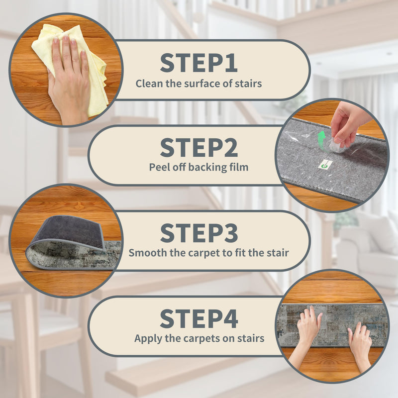 Non-Slip Carpet Stair Treads 4PCS, 8"x30" Peel and Stick Stair Runner for Wooden Steps Indoor, Washable Reusable Adhesive Backing, Pet-Friendly Safety Mats for Kids, Elders, Dogs 8inch x 30inch Slate Blue l Olive Brown 4