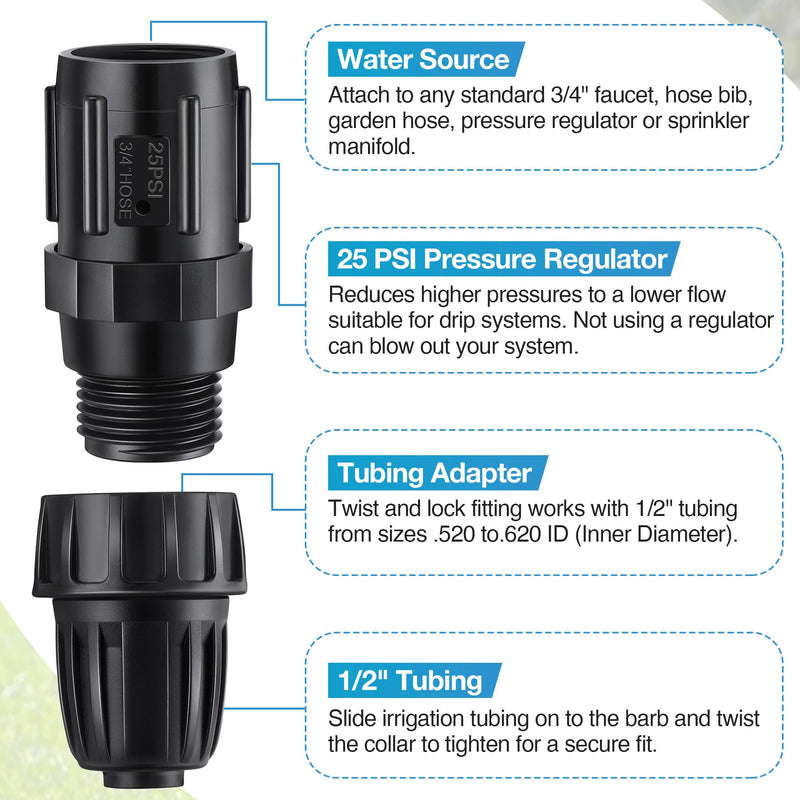 [Australia - AusPower] - 4 Pcs 25 PSI Drip Irrigation Pressure Regulator Faucet Adapter Kit, 2 Pcs 3/4" FHT x 3/4'' MHT Pressure Regulator, 2 Pcs 1/2 Inch Drip Irrigation Tubing Adapter for Drip Irrigation System 4.0 