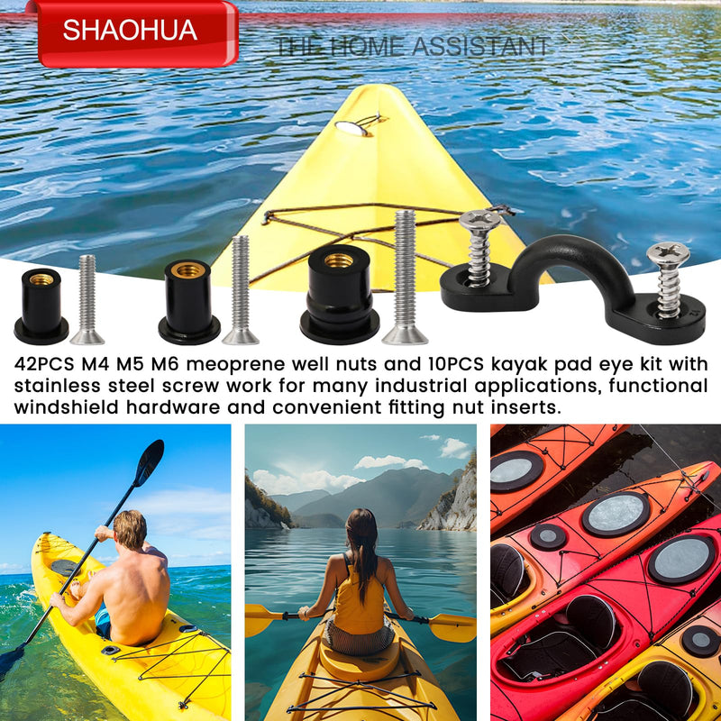 [Australia - AusPower] - 52 Pairs M4 M5 M6 Neoprene Well Nuts and Kayak Pad Eye Kit w/Screw, Kayak Bolts Well Nut Kit for Kayak Motorcycle Boat, Nylon Bungee Deck Loops Tie Down Eye for Securing Elastic Ropes Paddles Nets 