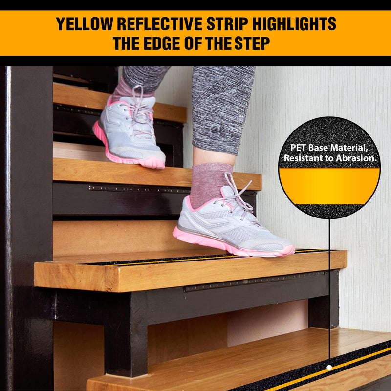 Anti Slip Grip Tape with Yellow Reflective Stripe, 4" x 33ft Non-Slip Traction Tape Strips Roll, Indoor & Outdoor Waterproof Non-Skid Tape for Stair Treads Steps Ramps 4 Inch x 33 Feet Black with Reflective Yellow Strips