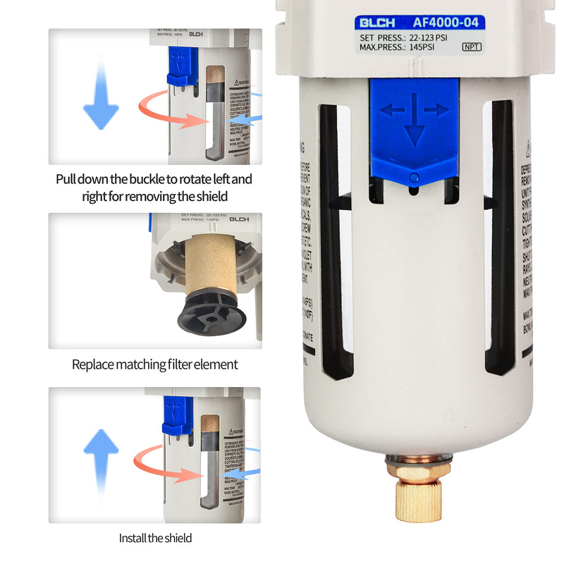 1/2" NPT Air Line Dryer - Air Dryer for Compressor,Compressed Air Dryer Air Drying System AF4000-04 Manual Drain Poly Bowl 0-160 PSI 5?m